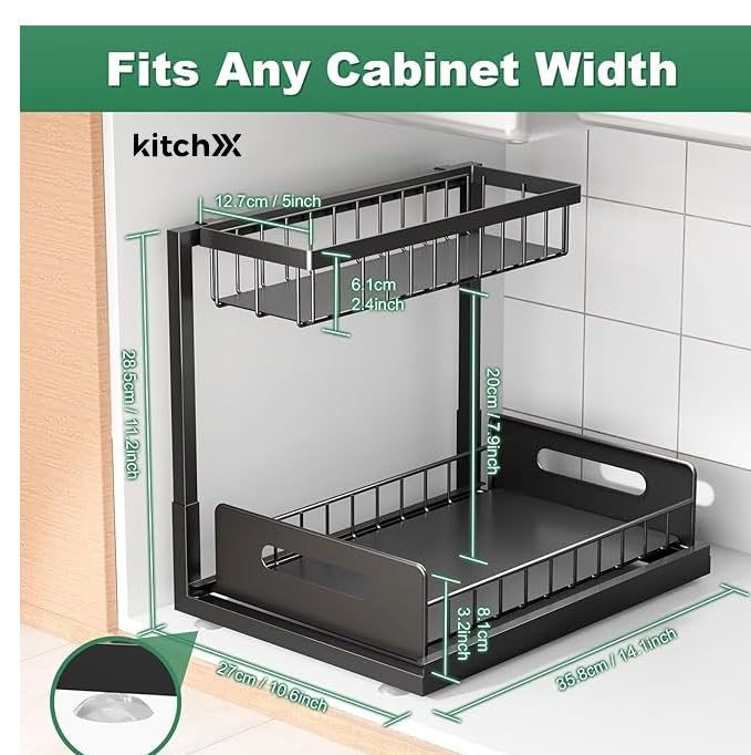 Under Sink Organizer, 2 Tier Rustproof Under Cabinet Storage, Multi Functional Cabinet Storage Space Saver For Kitchen, Purpose Cabinet Shelf for Kitchen and Bathroom Storage