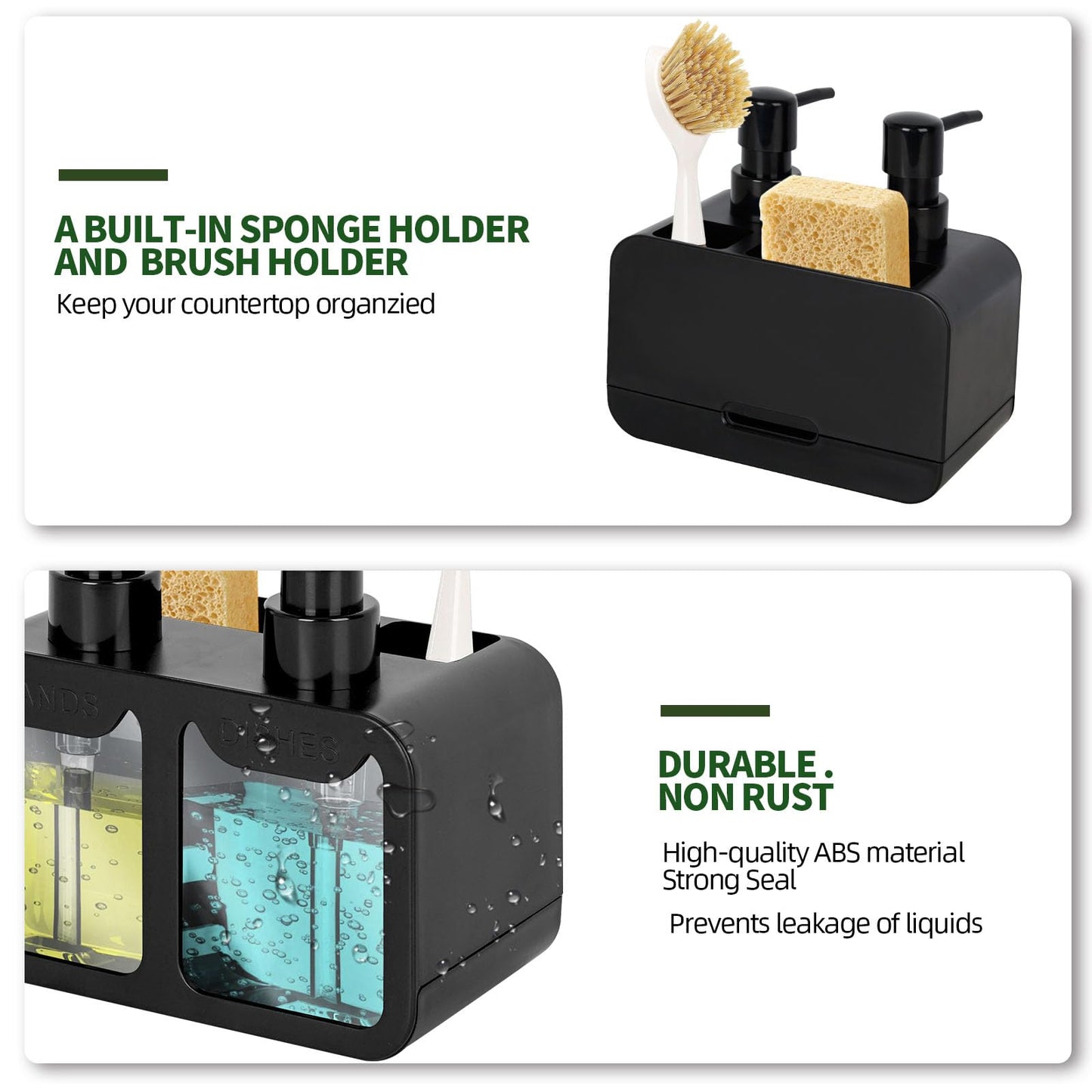 Peevel Dish Soap and Hand Soap Dispenser for Kitchen Sink, Soap Dispenser Set with Sponge Caddy and Brush Holder, Organizer for Kitchen Sink Countertop, Black