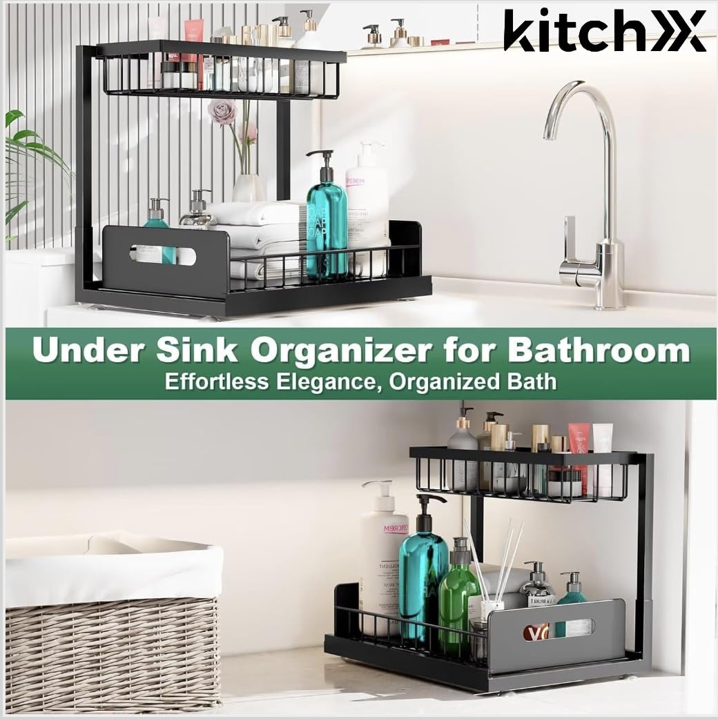 Under Sink Organizer, 2 Tier Rustproof Under Cabinet Storage, Multi Functional Cabinet Storage Space Saver For Kitchen, Purpose Cabinet Shelf for Kitchen and Bathroom Storage