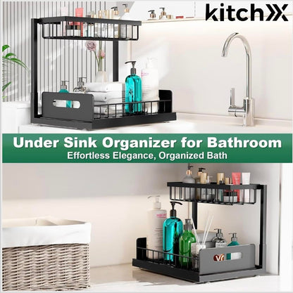 Under Sink Organizer, 2 Tier Rustproof Under Cabinet Storage, Multi Functional Cabinet Storage Space Saver For Kitchen, Purpose Cabinet Shelf for Kitchen and Bathroom Storage