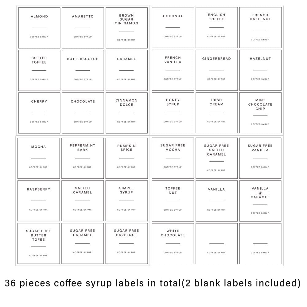 Ezebesta Set of 2 Syrup Dispensers 500ml with 36 Labels Glass Bottles with Elegant Pumps and Various Syrup Labels Kitchen Coffee Station Organization