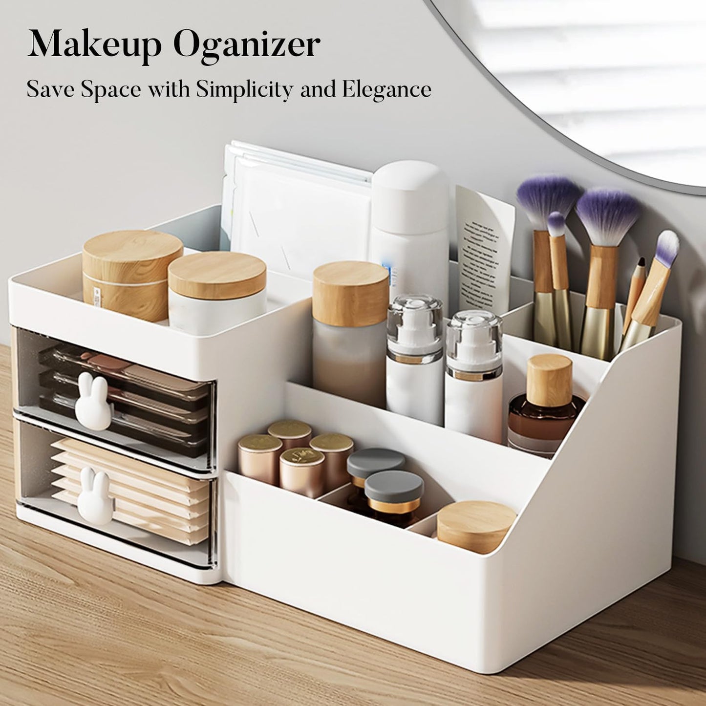 lexvss Makeup Organizer, Cosmetic Desk Storage Box with Drawers Skincare Organizers for Dressing Table, Countertop, Bathroom Counter, Vanity Holder for Brushes, Lotions, Lipstick, Perfume