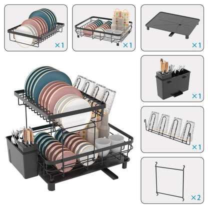 IMMEK Dish Drainers,Large Dish Drying Rack,Double Layer Dish Rack for Kitchen Counter with Drainage Plate,Dish Rack with Tableware Rack and Cup Holder