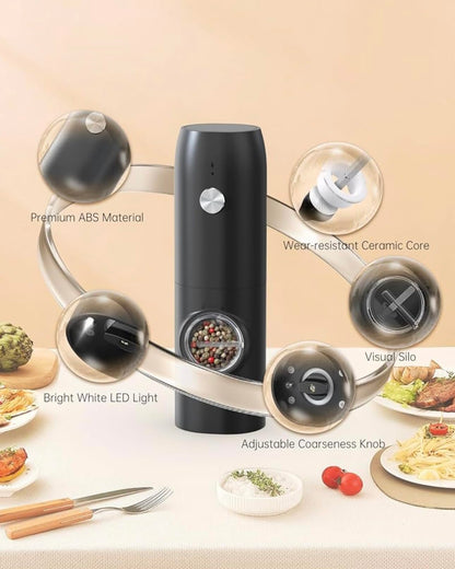 Electric Salt and Pepper Set with Rechargeable Base, White Led Light, Automatic Salt Pepper Grinder for Home, Kitchen, Adjustable Grind Coarseness, Easy to One Hand Operation