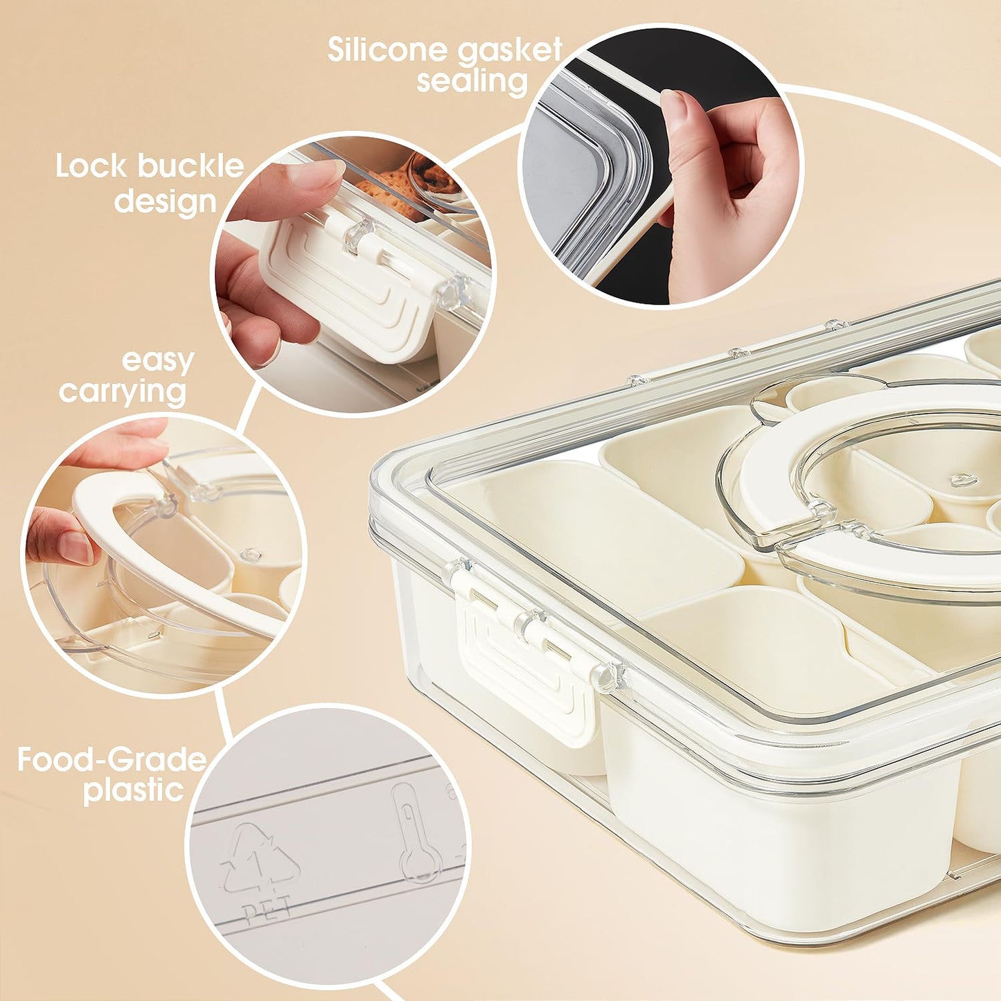 Snackle Box Container - Divided Serving Tray with Lid & Handle, Portable Snack Organizer for Candy, Fruits, Nuts, Treats - Leakproof Bento-Style Platter for Parties, Travel, Picnics