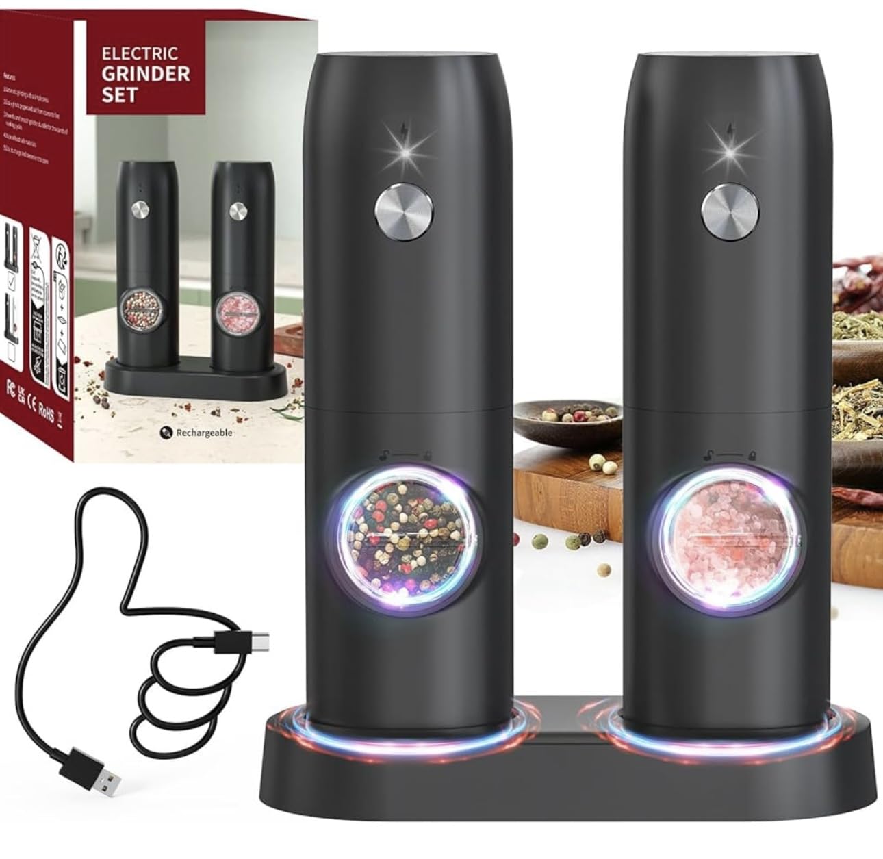 Electric Salt and Pepper Set with Rechargeable Base, White Led Light, Automatic Salt Pepper Grinder for Home, Kitchen, Adjustable Grind Coarseness, Easy to One Hand Operation