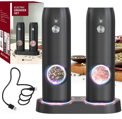 Electric Salt and Pepper Set with Rechargeable Base, White Led Light, Automatic Salt Pepper Grinder for Home, Kitchen, Adjustable Grind Coarseness, Easy to One Hand Operation
