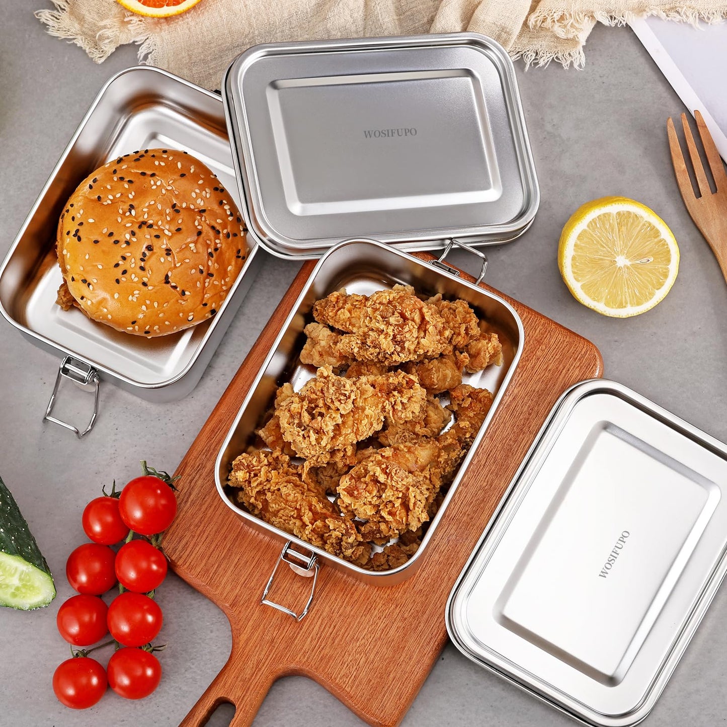 WOSIFUPO Stainless Steel Lunch Box, Bento Box Food Container with Lock Clips, Snack Box Container - Dishwasher Safe - Stainless Lid - Leak Proof