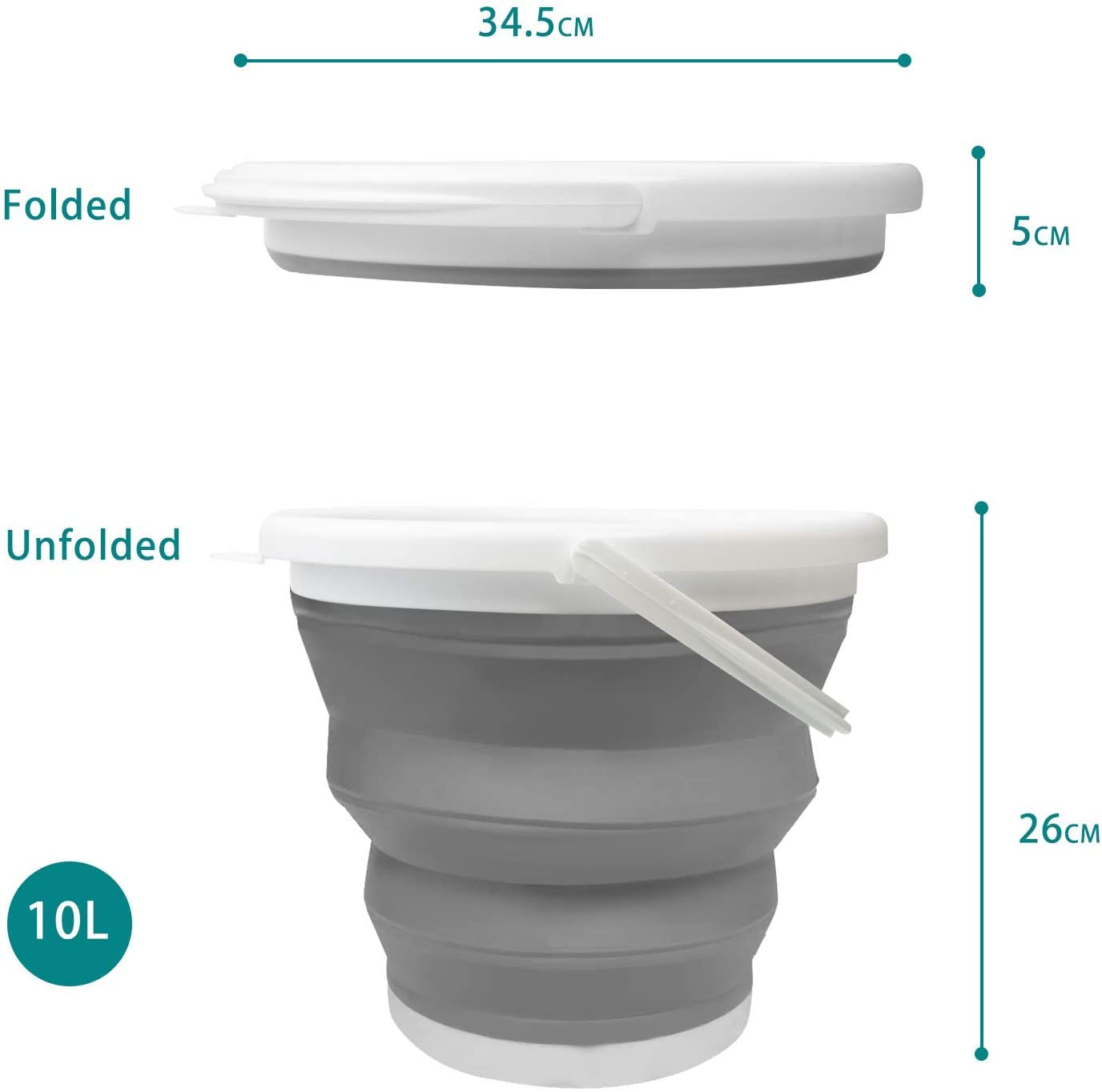 Health joy Collapsible Bucket (10L / 2.6 Gallon) with Strong, Flexible, Compact and Sturdy Handle for Camping, Fishing, as a Bait Bucket, Beach Pail, as an ice Bucket, for Minnows, and as a Sand Pail