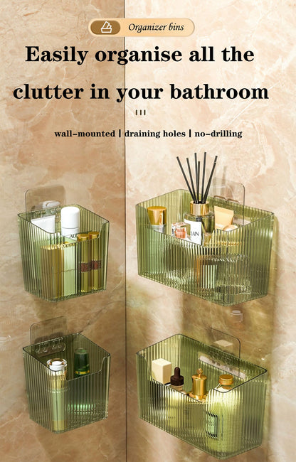 Lae Nuvole Set Of 2 Storage Organizer Bins Wall Mounted Organizer Basket, Shower Caddy Stackable Clear Plastic Makeup Organizer Adhesive Hanging Bin for Bathroom, Kitchen, Cabinet, Pantry, BPA Free
