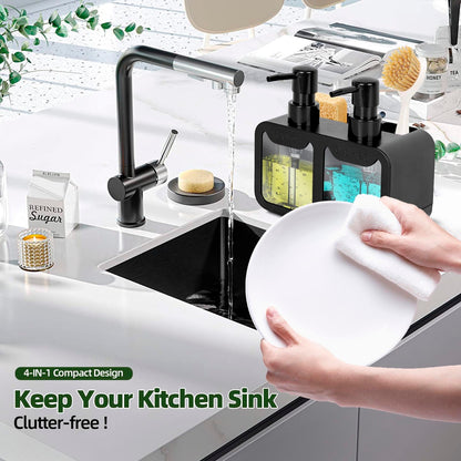 Peevel Dish Soap and Hand Soap Dispenser for Kitchen Sink, Soap Dispenser Set with Sponge Caddy and Brush Holder, Organizer for Kitchen Sink Countertop, Black