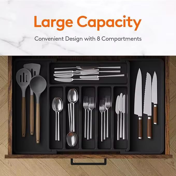 Large Cutlery Organizer - Adjustable Silverware Utensil Drawer Organizer for Easy Access, Versatile Kitchen Organizer and Storage Solution 34.8 × 3.9 × 27.8~50.0 cm, Black
