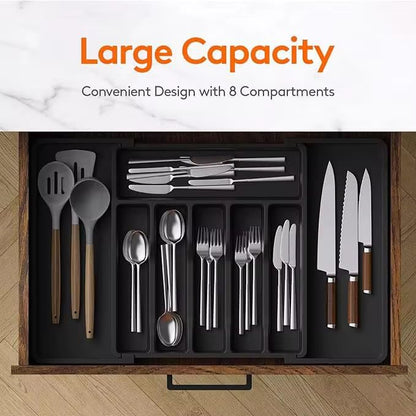 Large Cutlery Organizer - Adjustable Silverware Utensil Drawer Organizer for Easy Access, Versatile Kitchen Organizer and Storage Solution 34.8 × 3.9 × 27.8~50.0 cm, Black