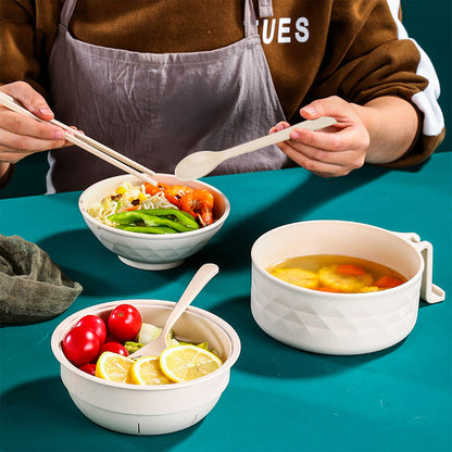 Okllen 2 Pack Microwave Ramen Cooker Bowl, 32Oz Ramen Bowl with Lid Chopsticks Fork Spoon, Wheat Straw Instant Noodle Bowl for College Dorm Room Apartment, Essentials for Girls, Boys, Black and Beige