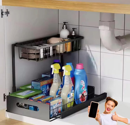 ✪®Pull out Under Sink Organizer, 2 Tier Slide Out Kitchen Organizers and Storage, Multi Functional Cabinet Storage Space Saver For Kitchen Multi-Purpose Shelf for Kitchen and Bathroom Storage ★★★★★
