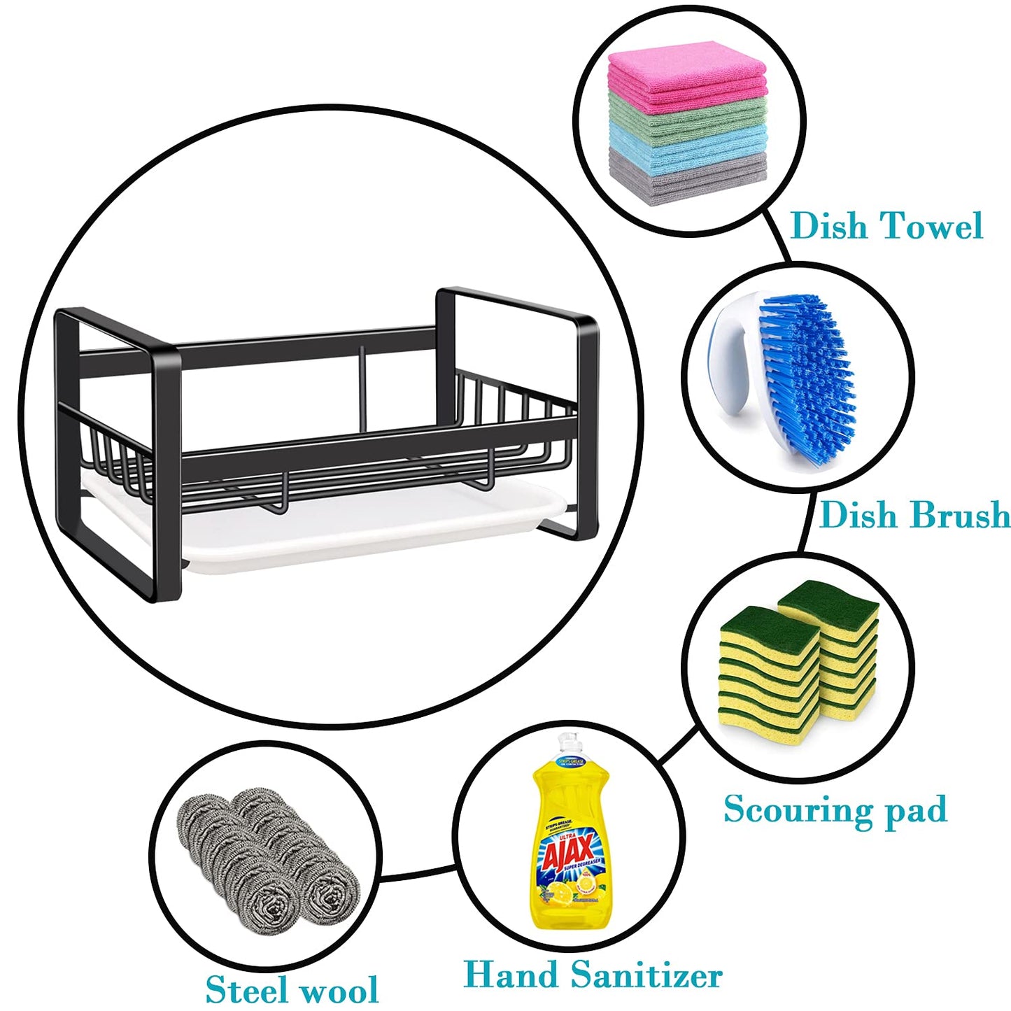 VANTEN Kitchen Sink Caddy Sponge Holder Sink Caddy Organizer, Sponge Holder for Sink, Sink Tray Drainer Rack with Removable Drain Pan, Soap Dish Dispenser Brush Holder Storage Kitchen Accessories