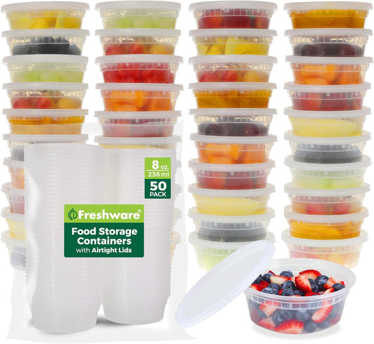 Food Storage Containers [50 Set] 8 oz Plastic Deli Containers with Lids, Slime, Soup, Meal Prep Containers, BPA Free, Stackable, Leakproof, Microwave, Dishwasher and Freezer Safe