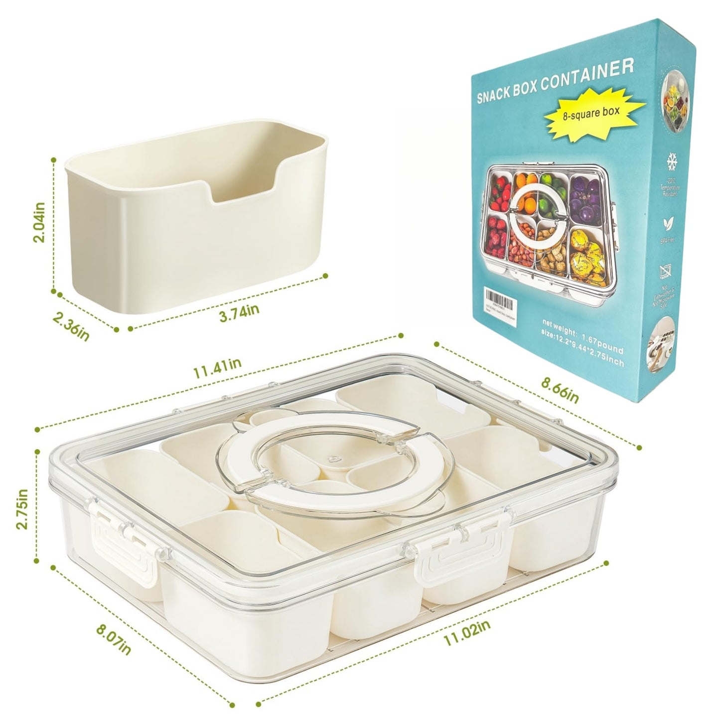 Snackle Box Container - Divided Serving Tray with Lid & Handle, Portable Snack Organizer for Candy, Fruits, Nuts, Treats - Leakproof Bento-Style Platter for Parties, Travel, Picnics