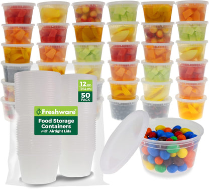 Storage Containers [50 Set] 12 oz Plastic Deli Containers with Lids, Slime, Soup, Meal Prep Containers | BPA Free | Stackable | Leakproof | Microwave/Dishwasher/Freezer Safe Brand: Freshware