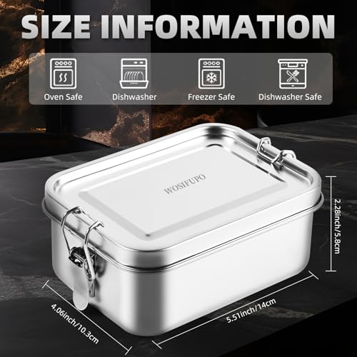WOSIFUPO Stainless Steel Lunch Box, Bento Box Food Container with Lock Clips, Snack Box Container - Dishwasher Safe - Stainless Lid - Leak Proof