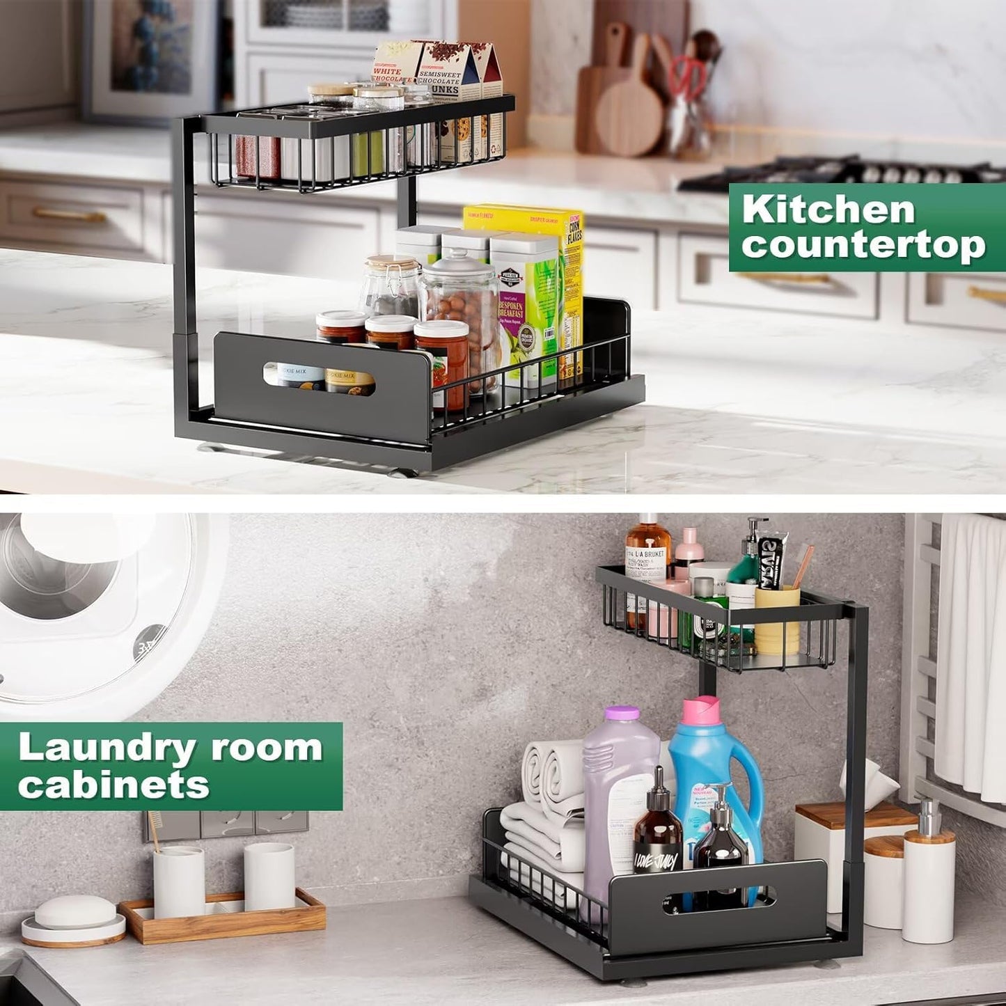 Under Sink Organizer, 2 Tier Rustproof Under Cabinet Storage, Multi Functional Cabinet Storage Space Saver For Kitchen, Purpose Cabinet Shelf for Kitchen and Bathroom Storage
