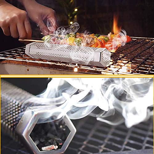 Pellet Smoker Tube,Popvip 12 inches Portable Stainless Steel Billowing Smoker Cube Fit for Any Grill or Smokers - Hot or Cold Smoking for BBQ