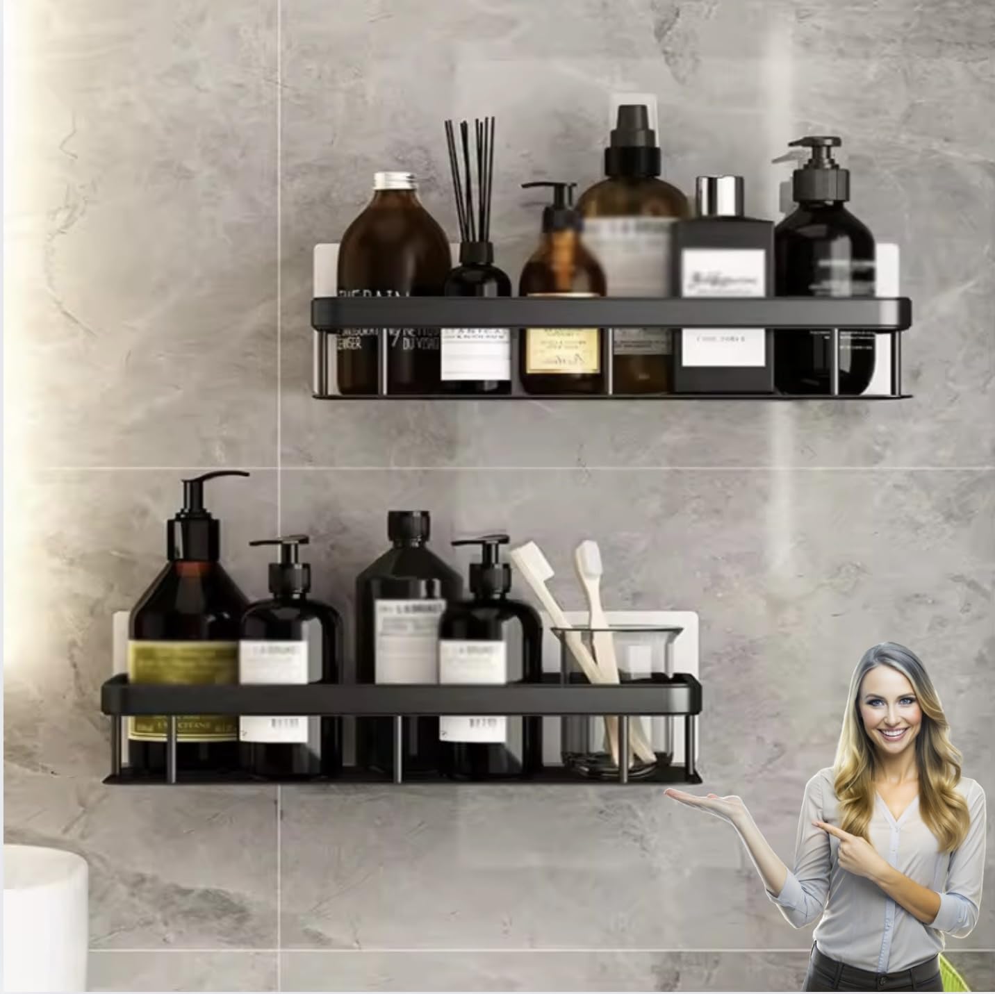 Shower Caddies,Self Adhesive Shower Caddy 2 Pack Shower Shelf,No Drilling Bathroom Shower Organizer with Hooks