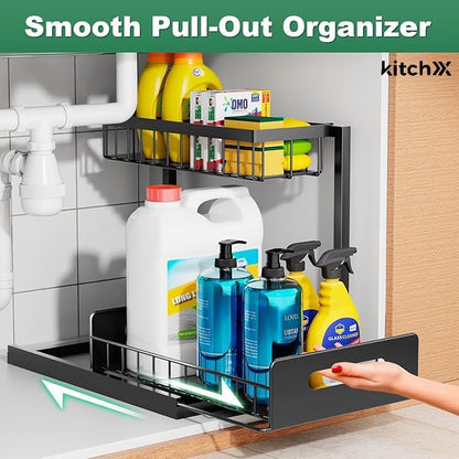 Under Sink Organizer, 2 Tier Rustproof Under Cabinet Storage, Multi Functional Cabinet Storage Space Saver For Kitchen, Purpose Cabinet Shelf for Kitchen and Bathroom Storage
