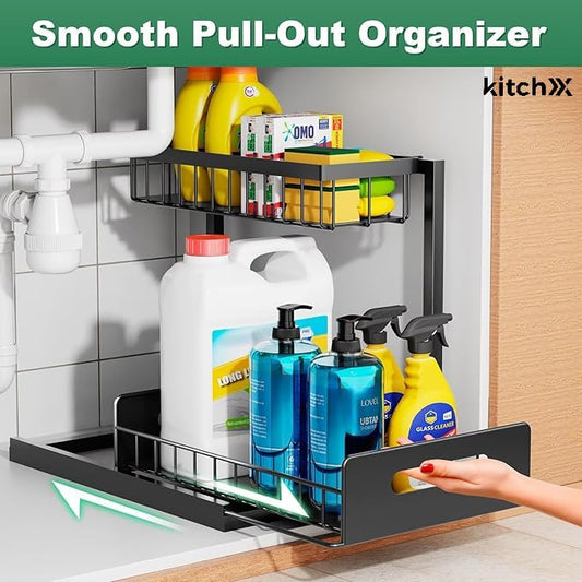 Under Sink Organizer, 2 Tier Rustproof Under Cabinet Storage, Multi Functional Cabinet Storage Space Saver For Kitchen, Purpose Cabinet Shelf for Kitchen and Bathroom Storage