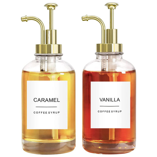 Ezebesta Set of 2 Syrup Dispensers 500ml with 36 Labels Glass Bottles with Elegant Pumps and Various Syrup Labels Kitchen Coffee Station Organization