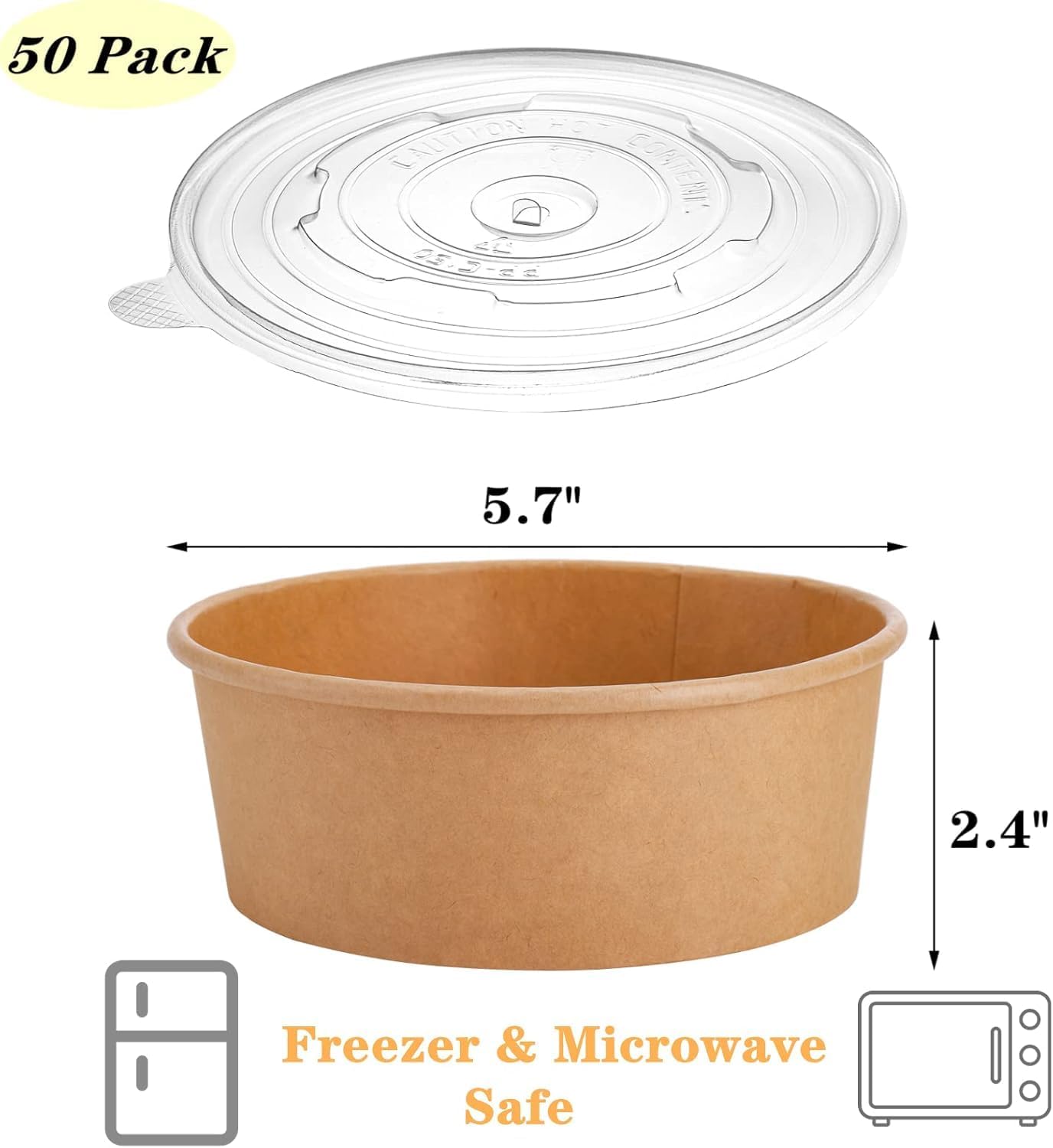 50 Pack Kraft Paper Bowls with Lid, 25 Oz Disposable Soup Salad Serving Bowls, To Go Food Container for Party Dessert, Ice Cream, Yogurt, Microwave Freezer Safe