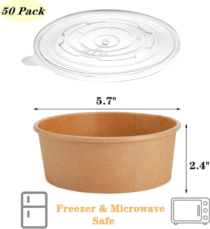 50 Pack Kraft Paper Bowls with Lid, 25 Oz Disposable Soup Salad Serving Bowls, To Go Food Container for Party Dessert, Ice Cream, Yogurt, Microwave Freezer Safe