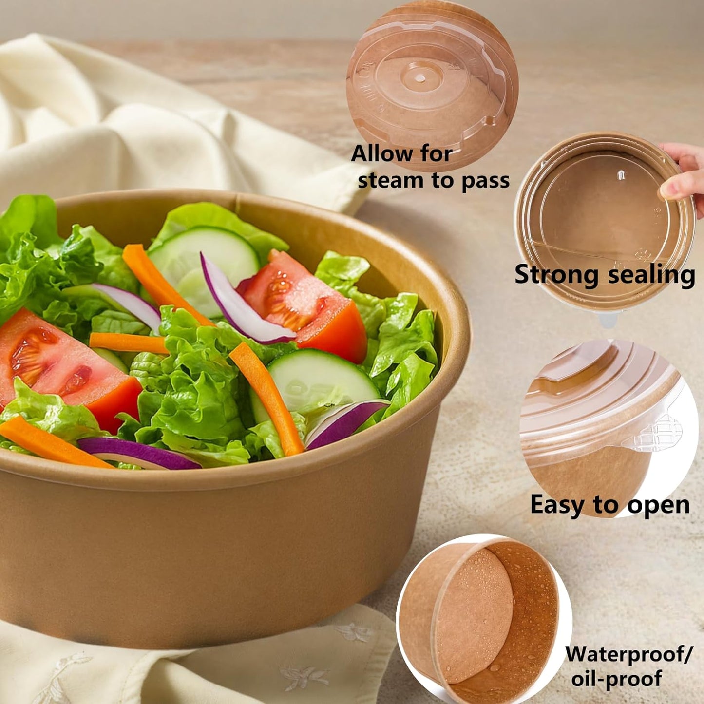 50 Pack Kraft Paper Bowls with Lid, 25 Oz Disposable Soup Salad Serving Bowls, To Go Food Container for Party Dessert, Ice Cream, Yogurt, Microwave Freezer Safe