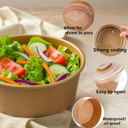 50 Pack Kraft Paper Bowls with Lid, 25 Oz Disposable Soup Salad Serving Bowls, To Go Food Container for Party Dessert, Ice Cream, Yogurt, Microwave Freezer Safe