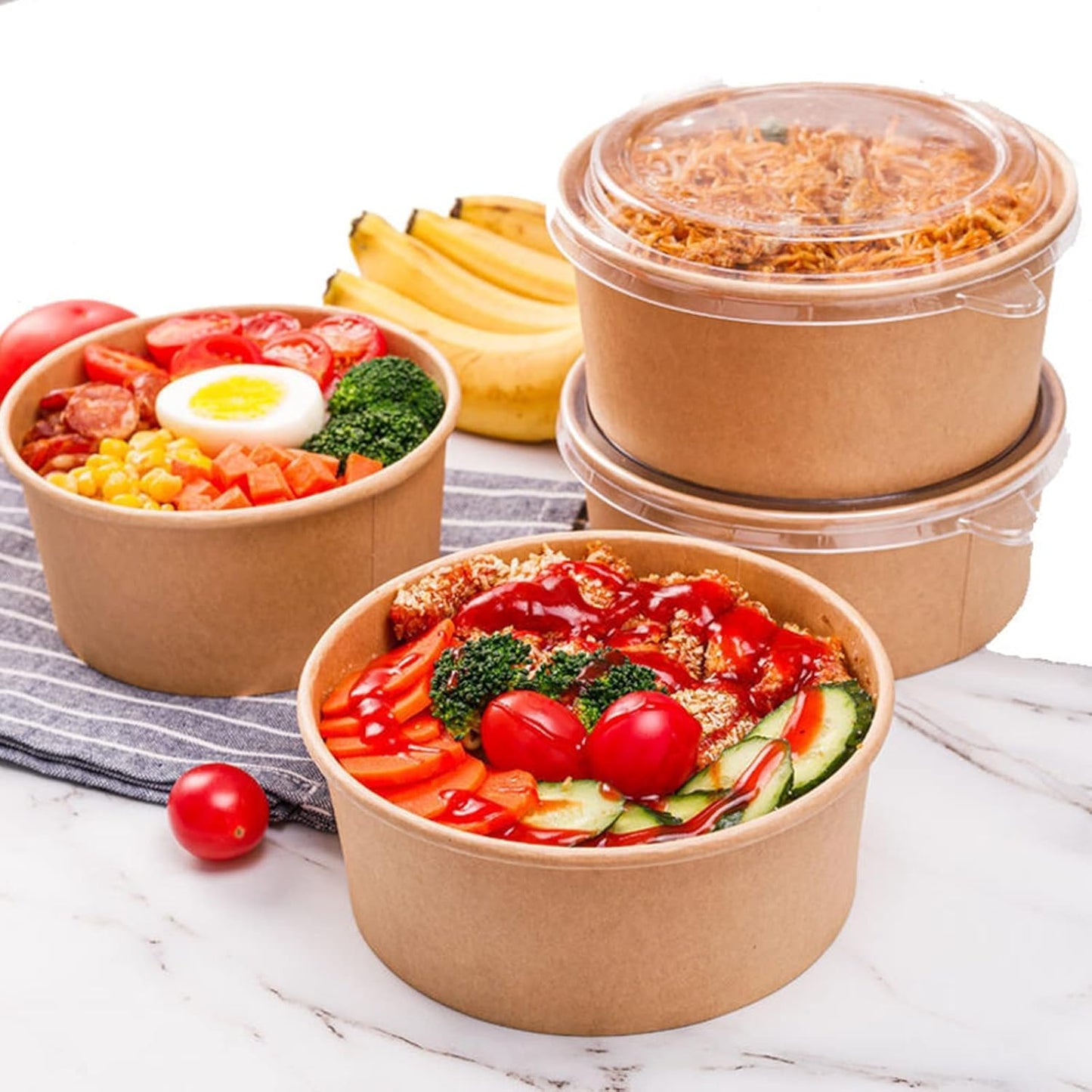 50 Pack Kraft Paper Bowls with Lid, 25 Oz Disposable Soup Salad Serving Bowls, To Go Food Container for Party Dessert, Ice Cream, Yogurt, Microwave Freezer Safe